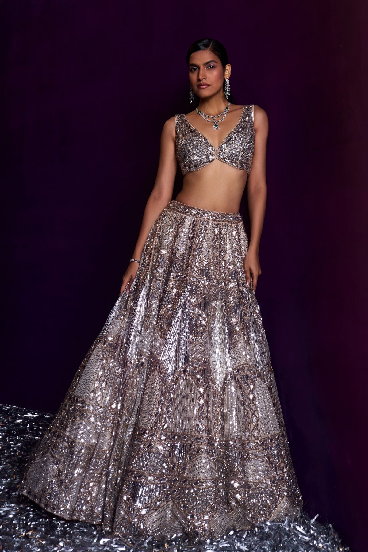 Champagne Organza Embroired Lehenga Set