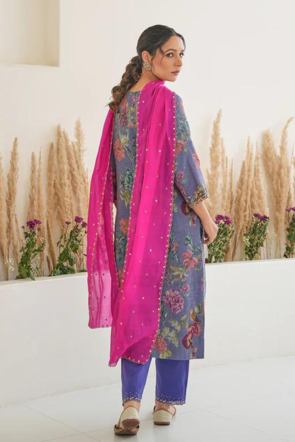 Fiza Stripe Kurta Set in Purple With Dupatta