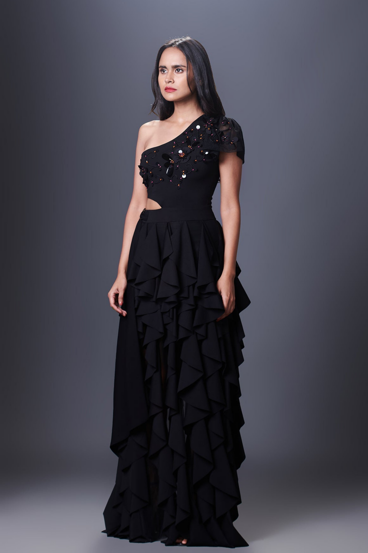 Black One Shoulder  Ruffle Dress