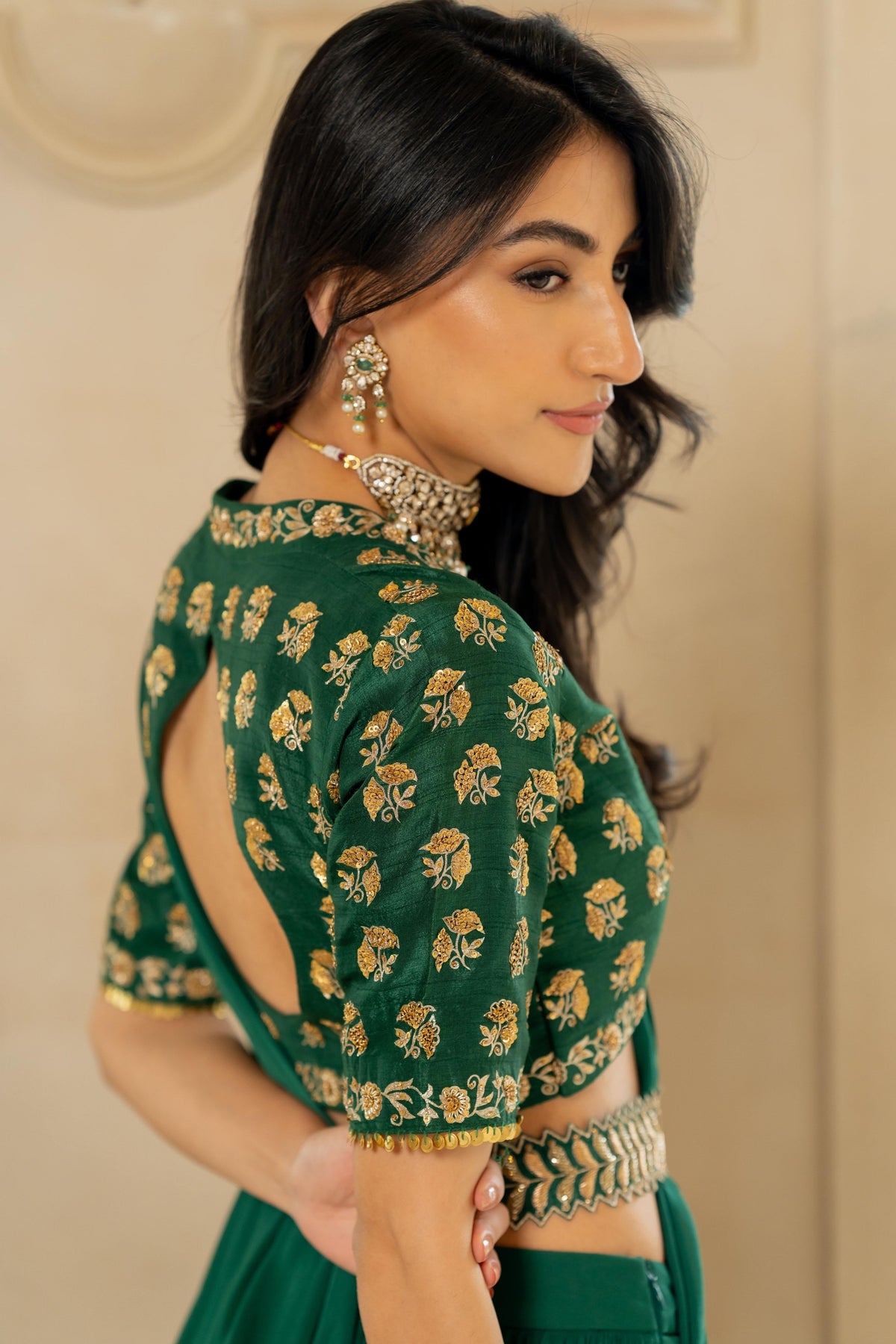 Emerald Green Antique Tone Saree Set