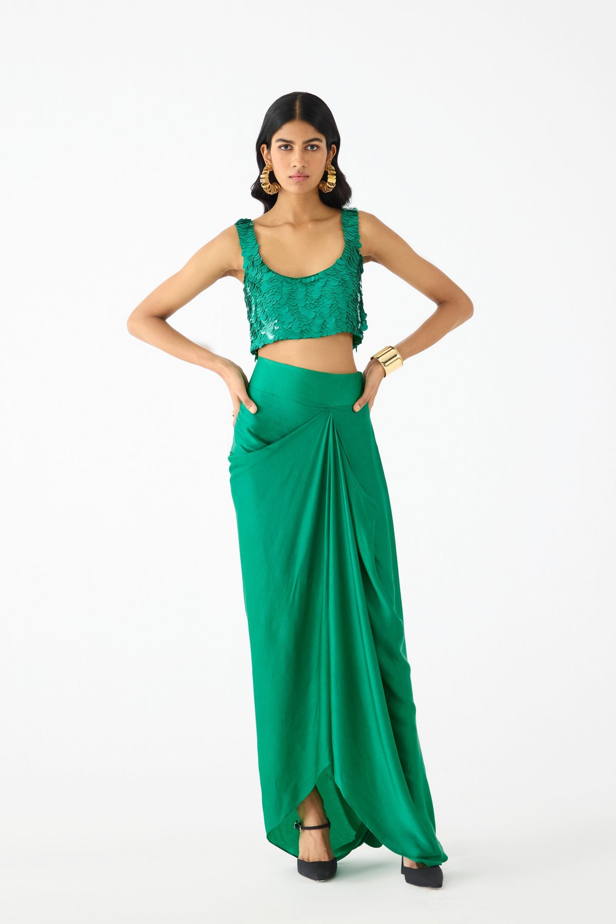 Emerald Blouse With Knot Skirt