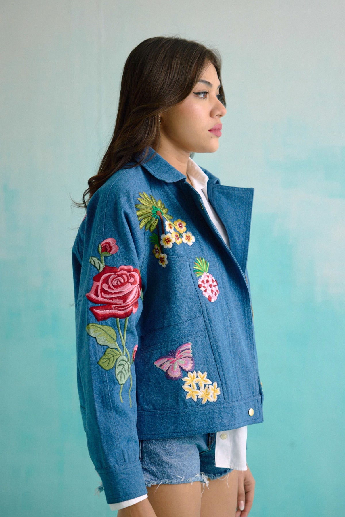 Denim Embroidered Floral Biker Jacket