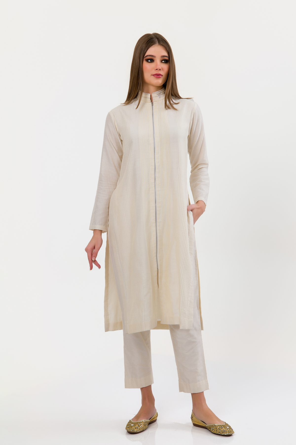 Snow White Pearl Polo Pintucks Kurta Set