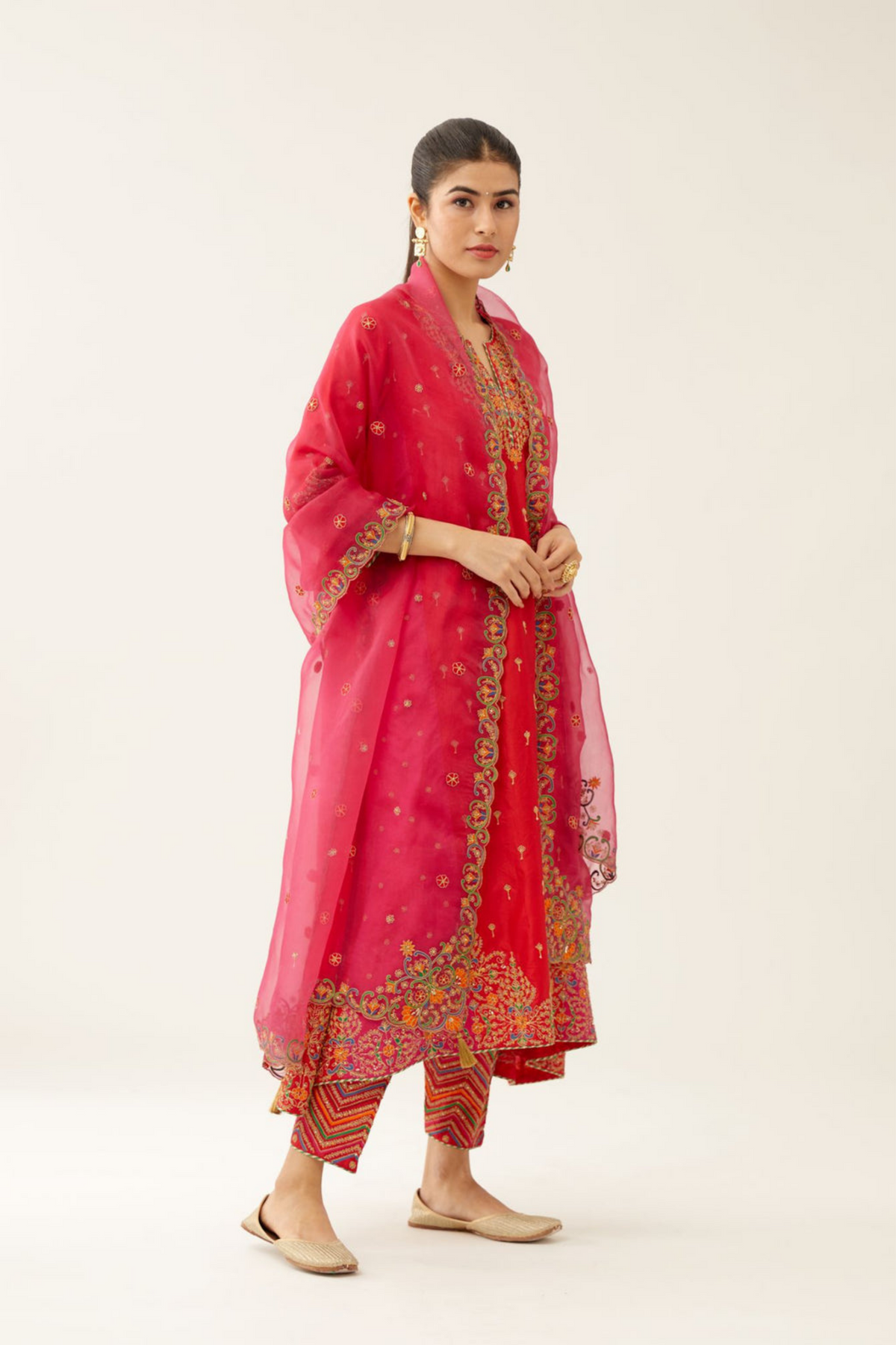 Red &amp; Fuchsia Silk Kalidar Kurta Set