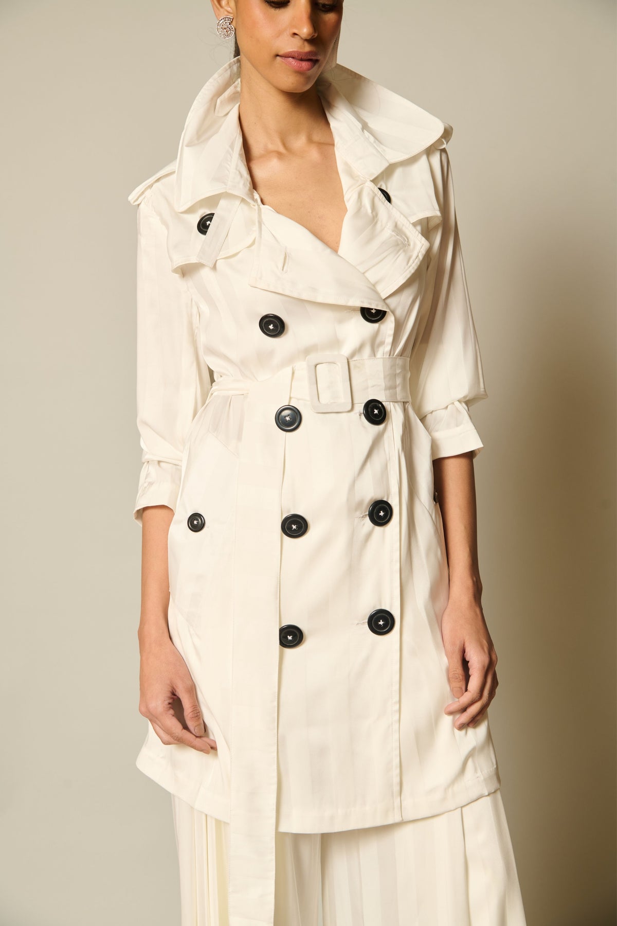 Checkmate Ivory Satin Striped Trench