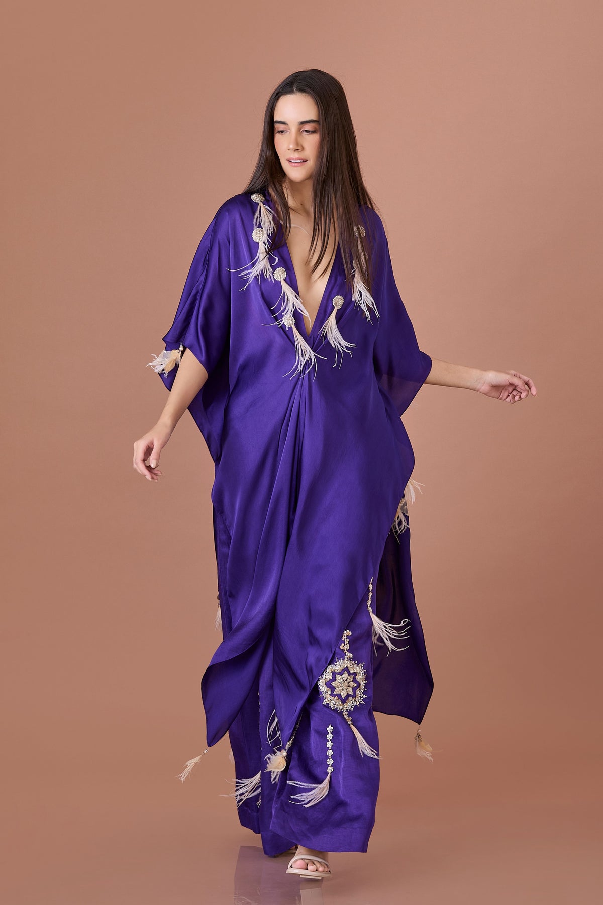 Purple Long Kaftan With Feathers