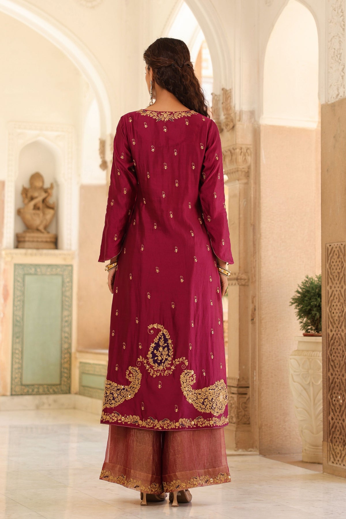 Applique Long Wine Kurta Set