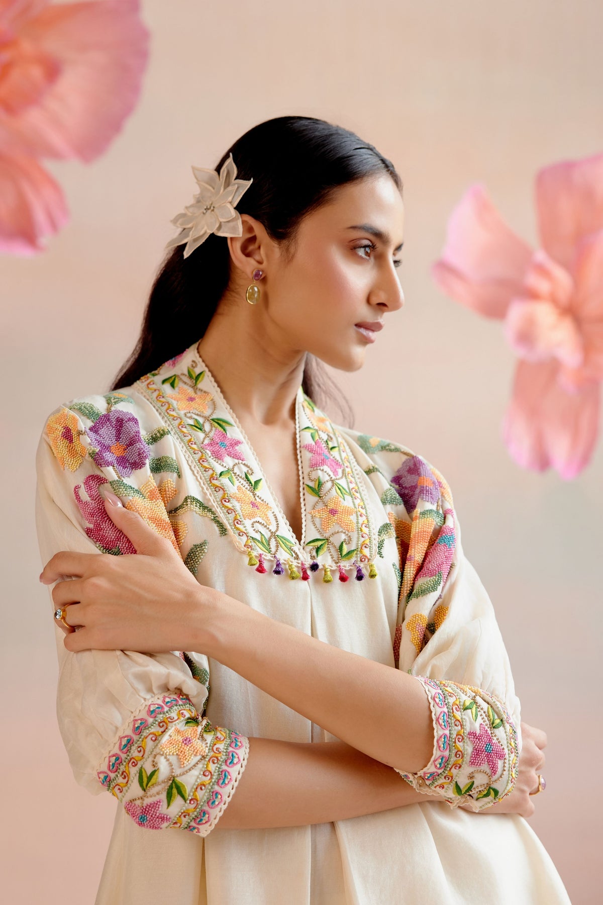 Ivory Floral Beadwork Kimono Tunic Set