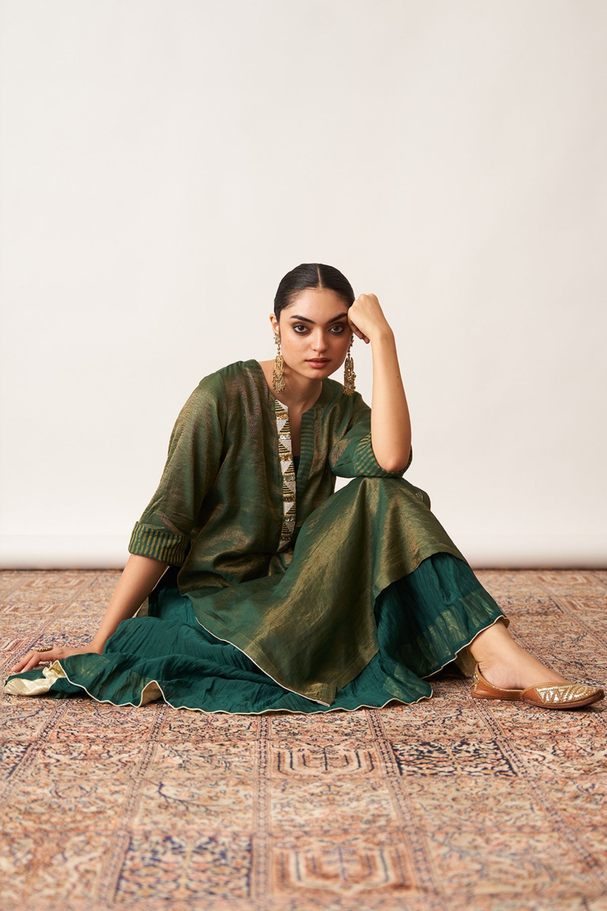 Bottle Green Kurta With Skirt