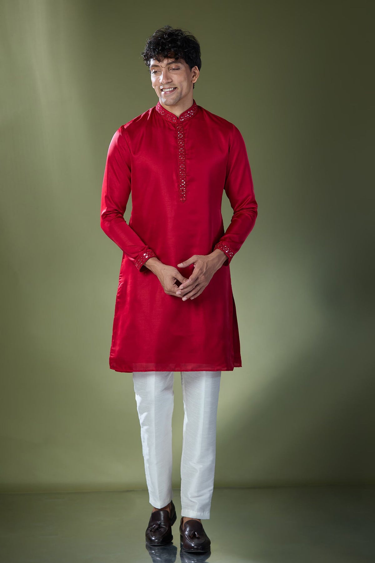 Cherry Red Mirror Embroidered Kurta Set