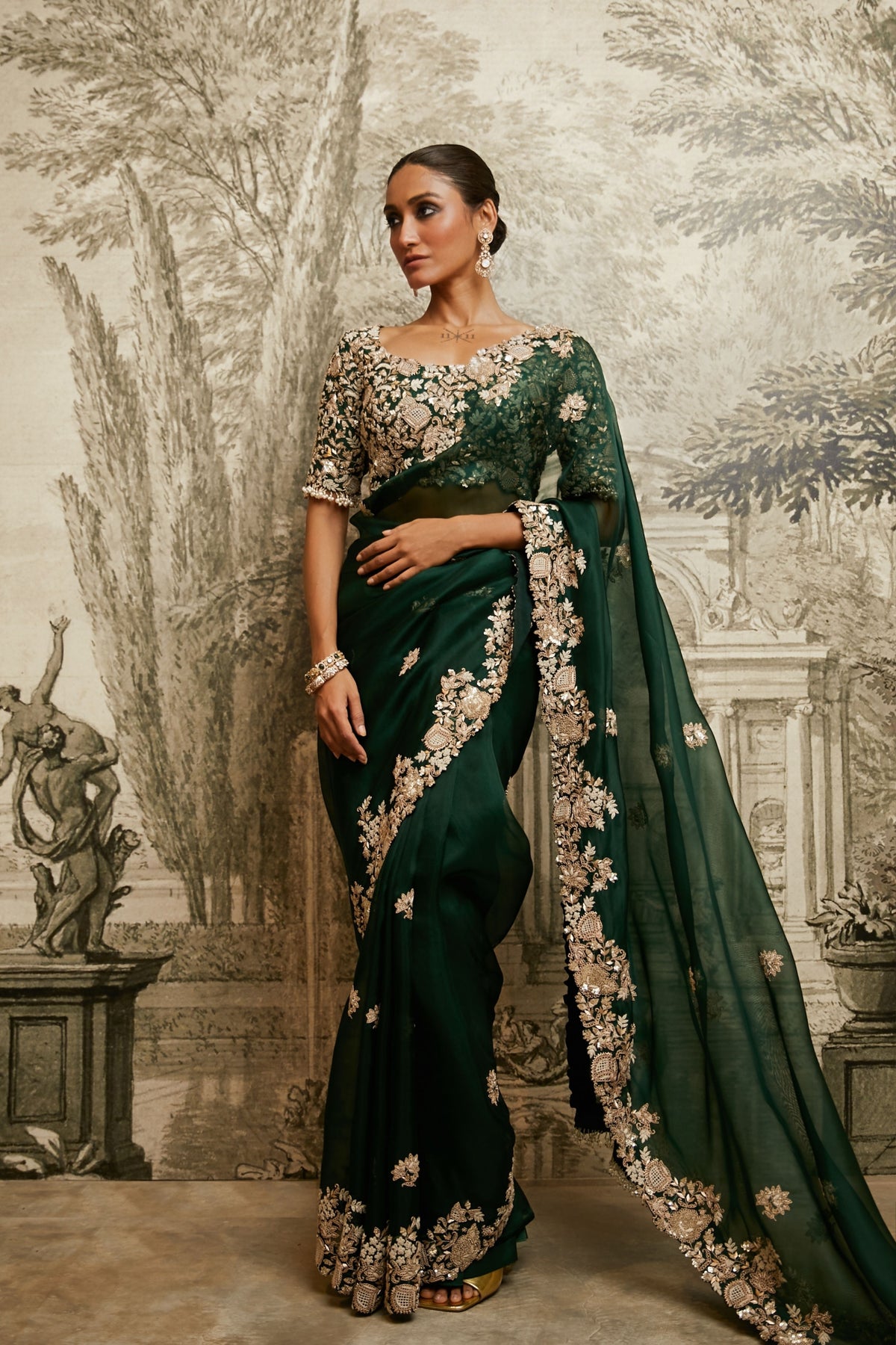 Bottle Green Organza Saree Set