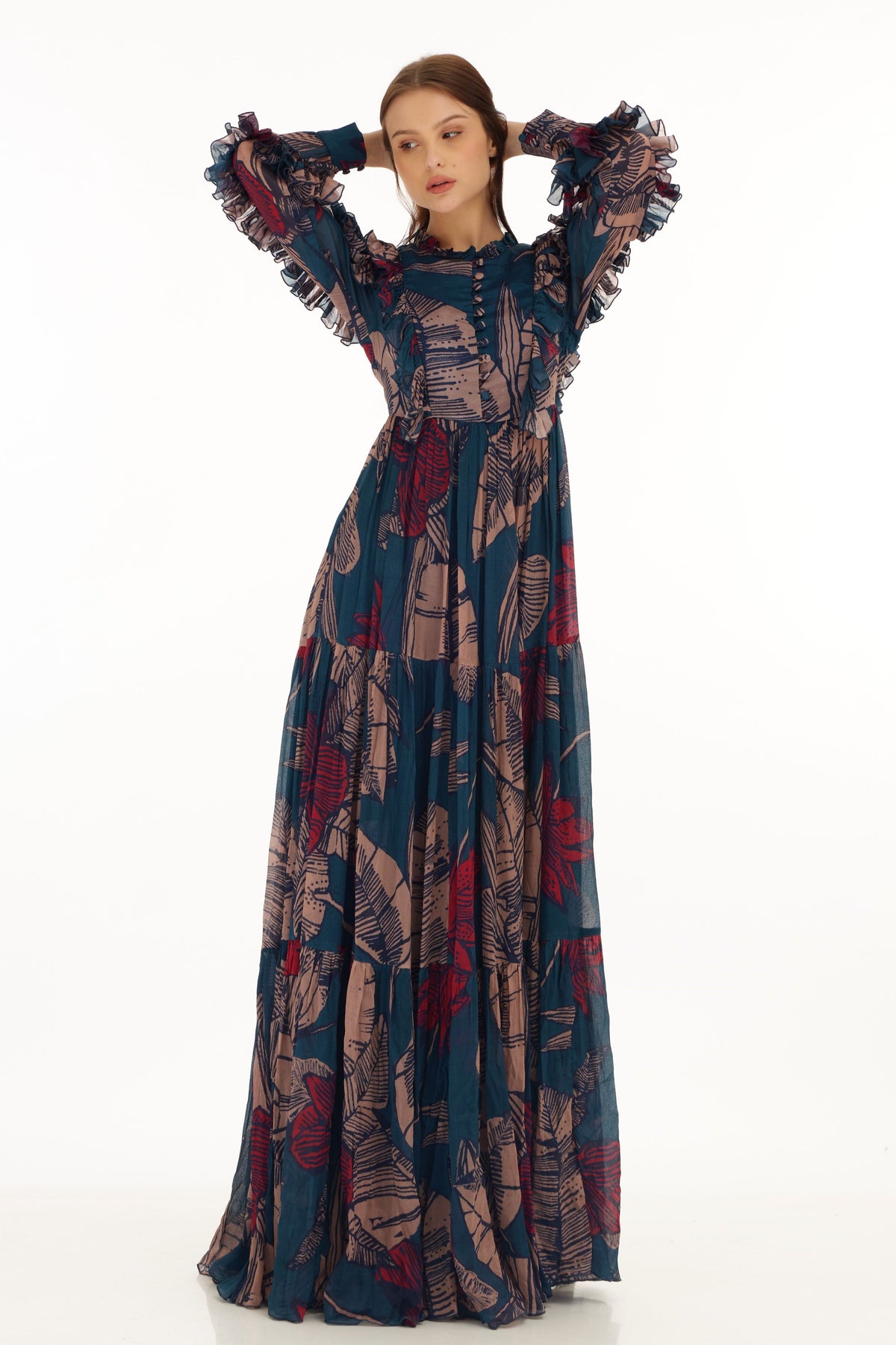 Multicolour Floral Frill Long Dress