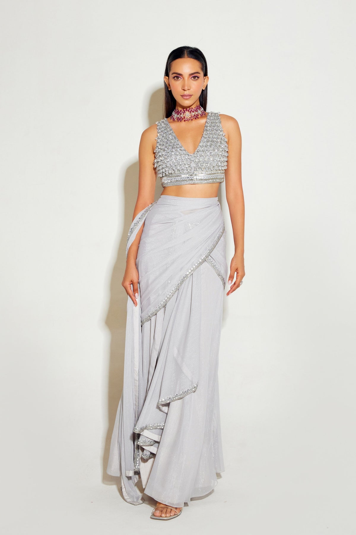 Grey Pre-Draped Slit Saree Set