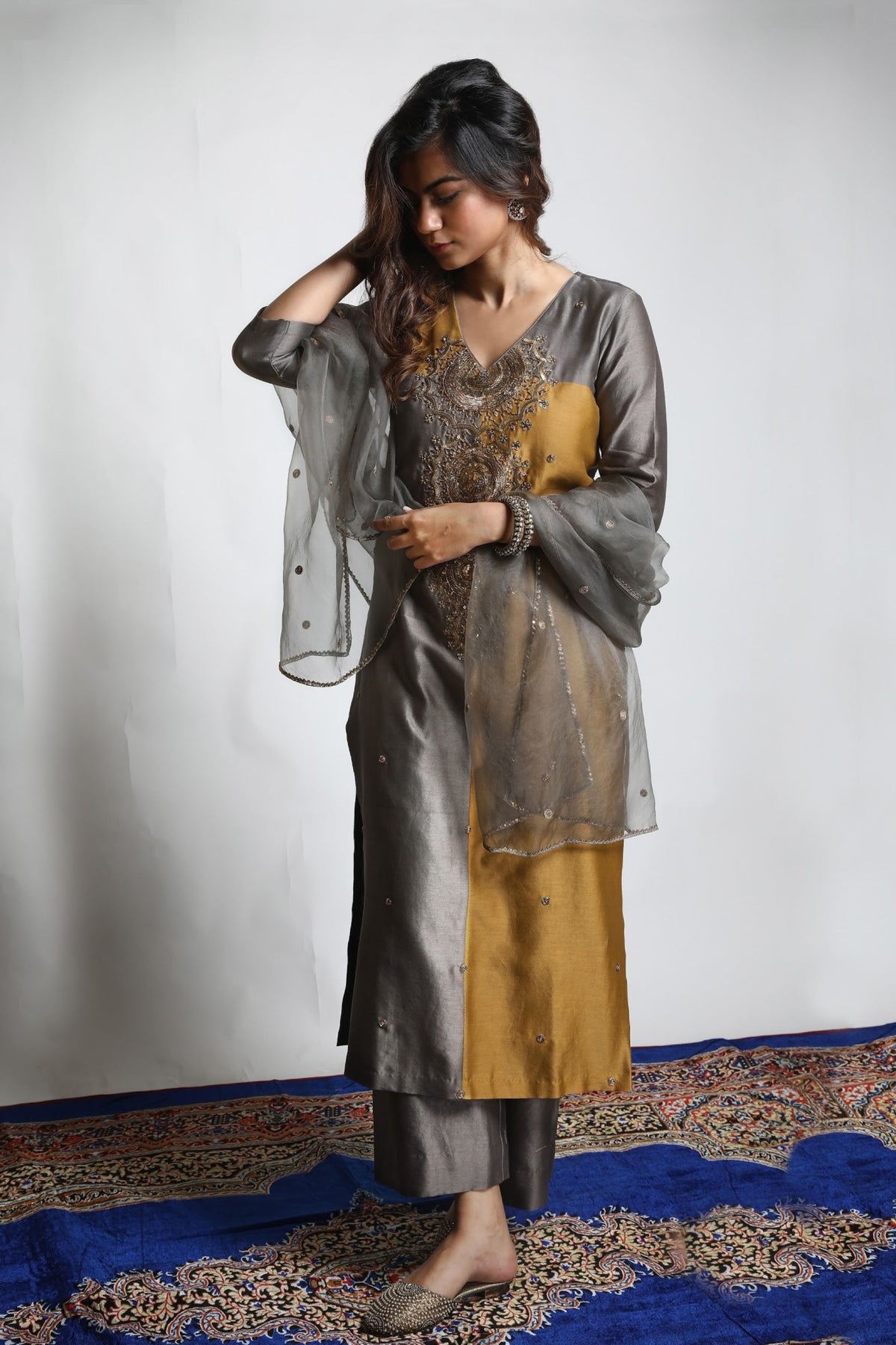 Burnt Gold &amp; Grey Embroidered Kurta Set