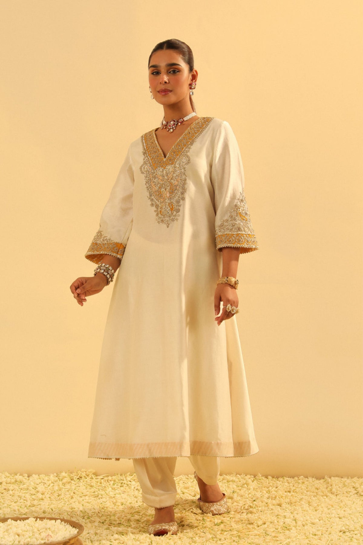 Shazana Ivory Long A-line Choga With Salwar