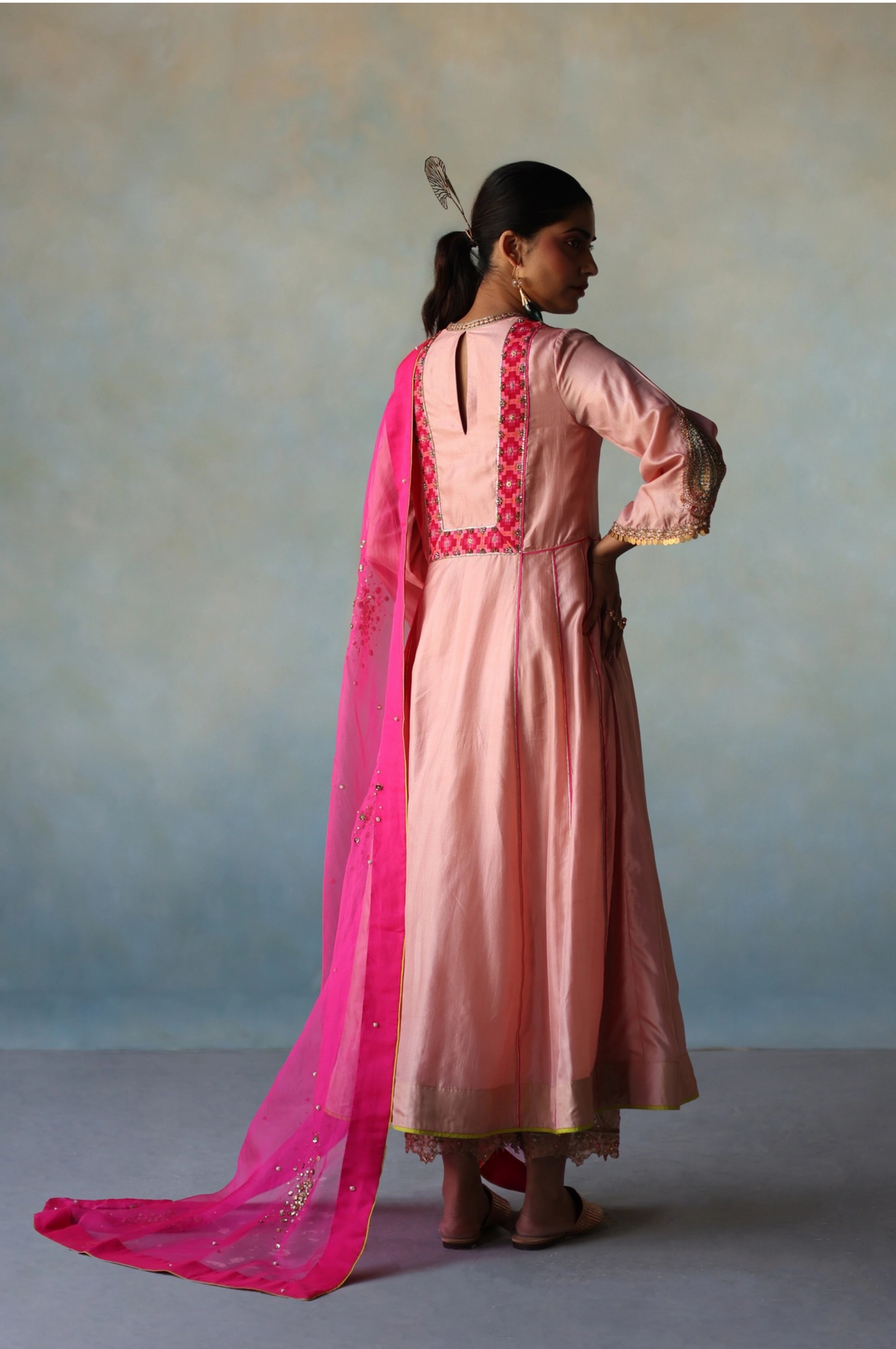 Gul Nude Pink Side Kali Silk Kurta Set