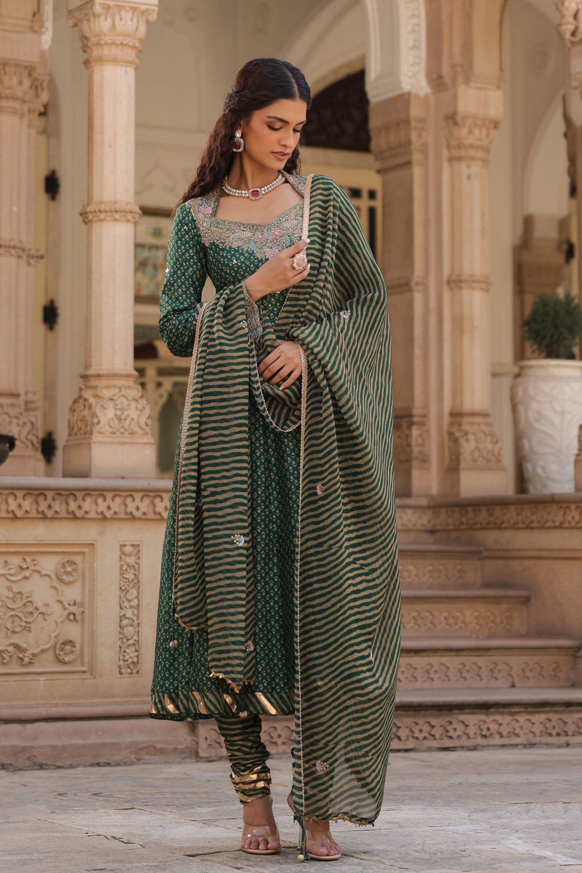 Printed Emerald Green Anarkali Set