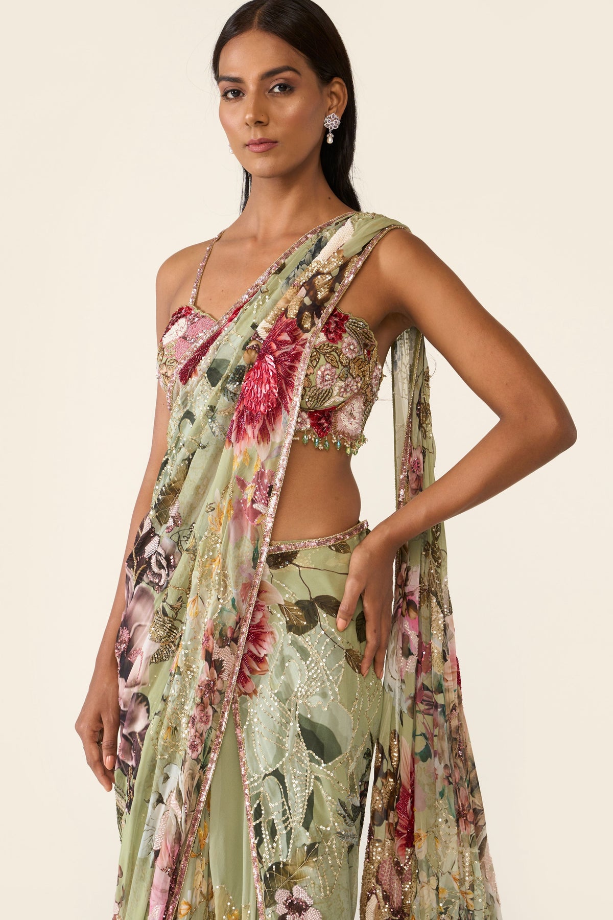 Green Printed Concept Saree Set