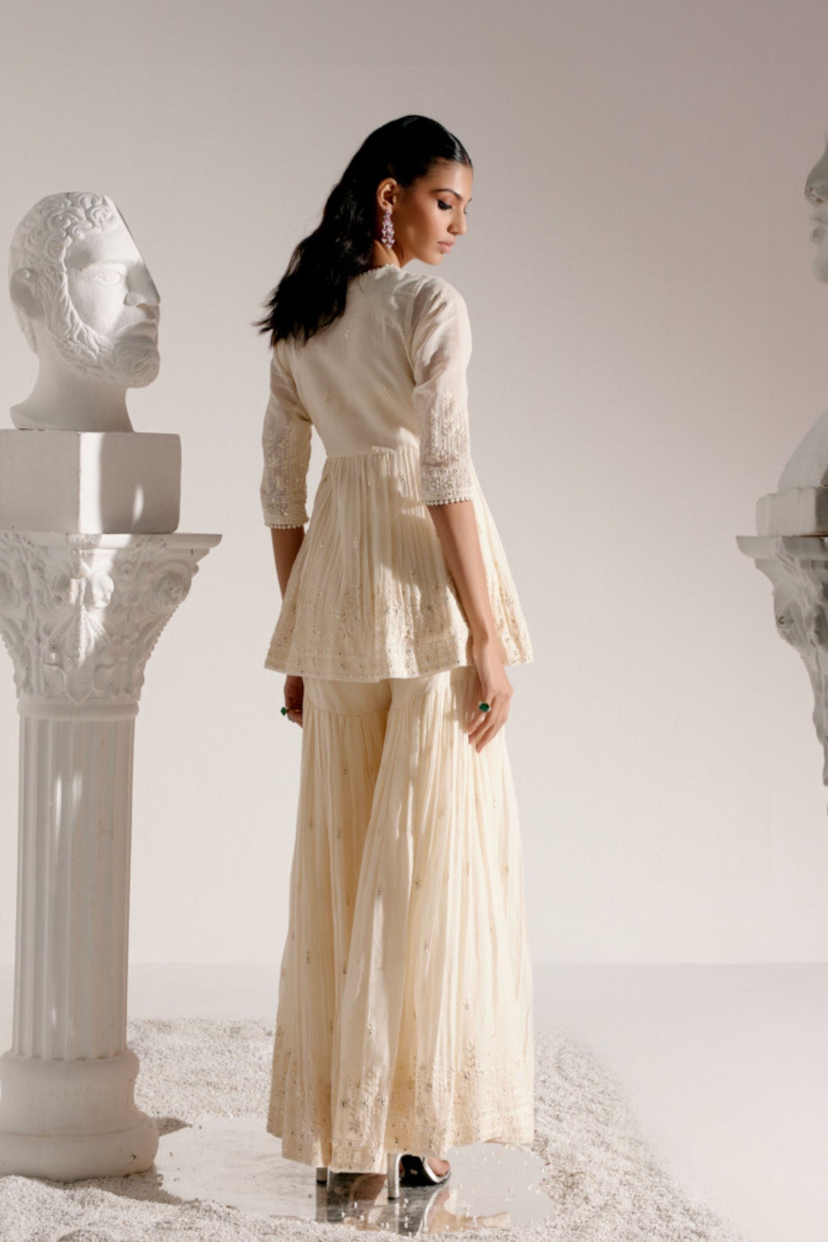 Off White Lotus Peplum Sharara Set