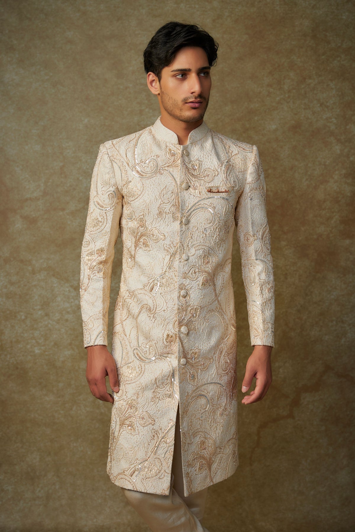 Beige Embroidered Sherwani With Pants