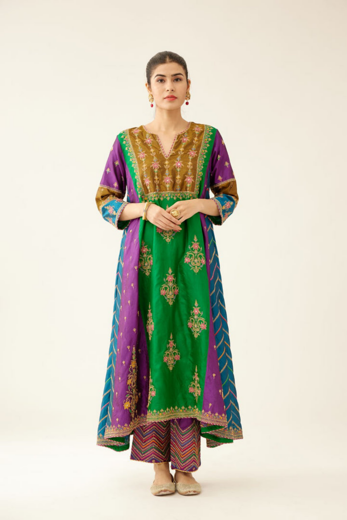 Multi Colored Panelled  Silk Kurta Set