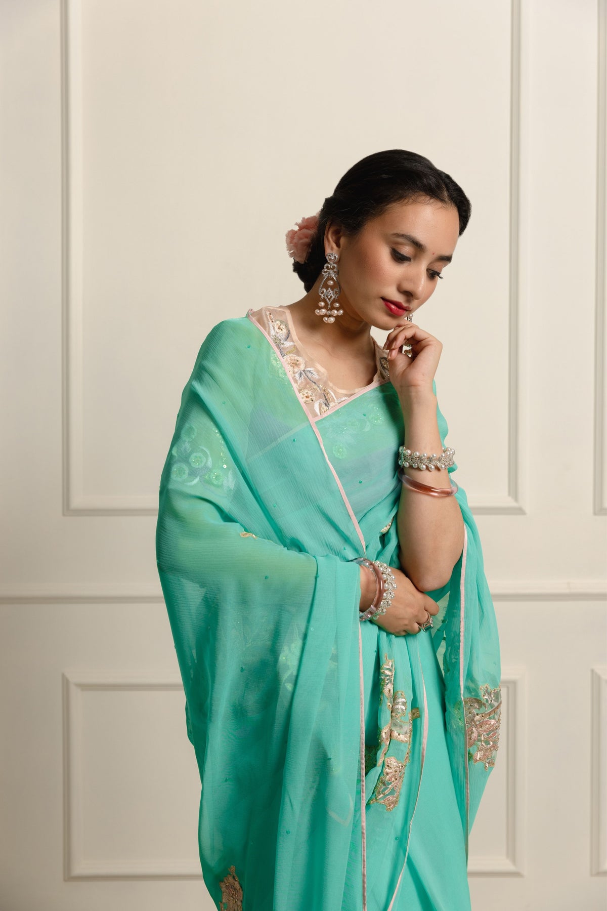 Azuria Teal Chiffon Saree