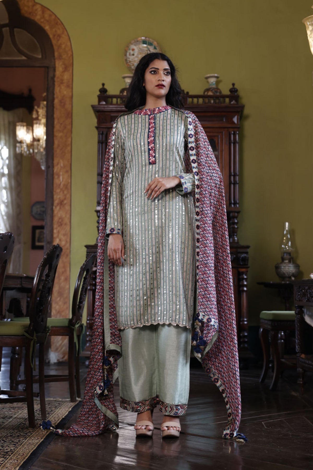 Multicoloured Kurta, Pant and Dupatta