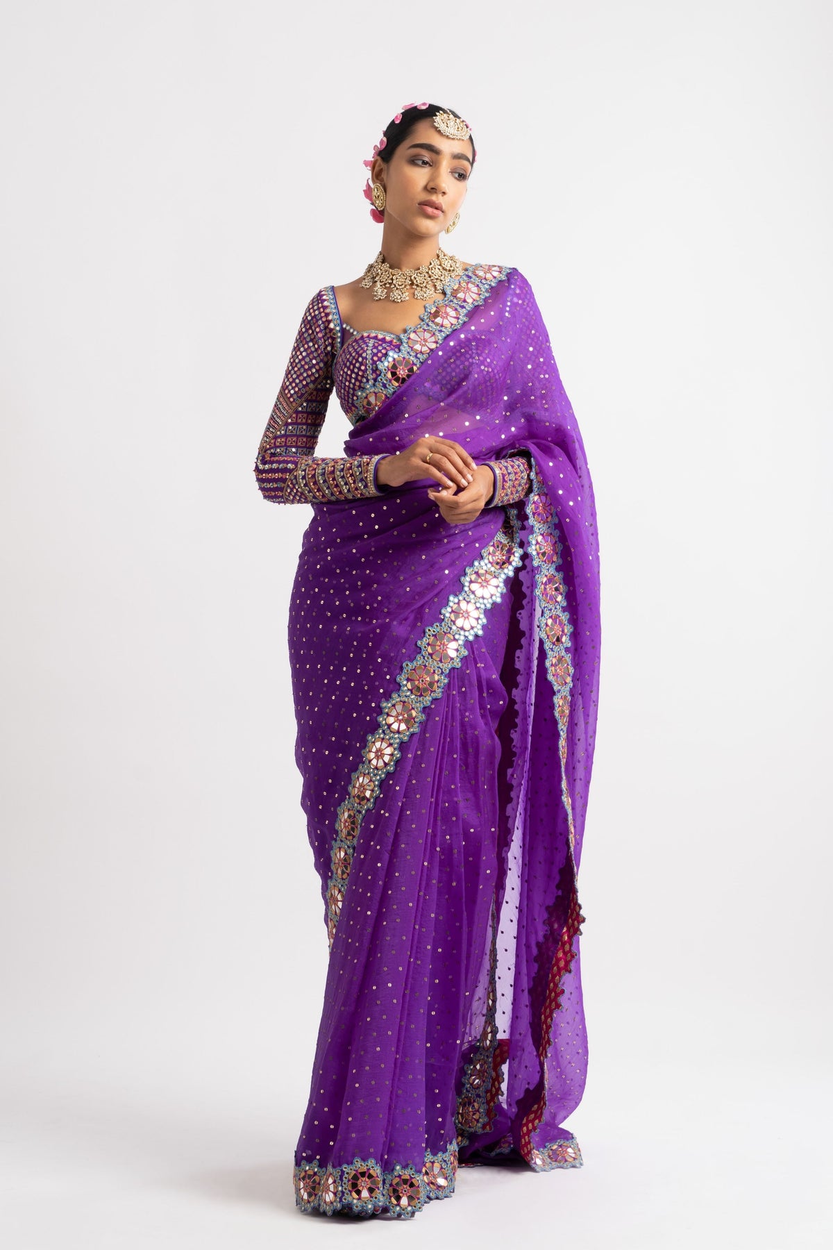 Purple mirror border saree set