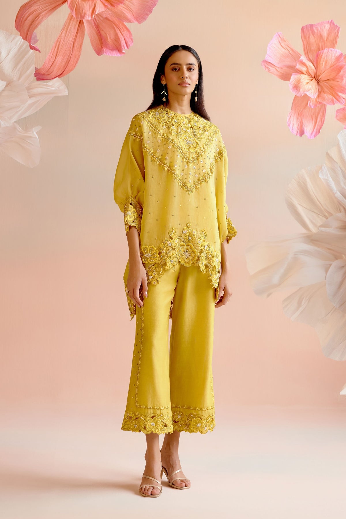 Yellow Multi Tonal Cutwork Kimono Tunic Set