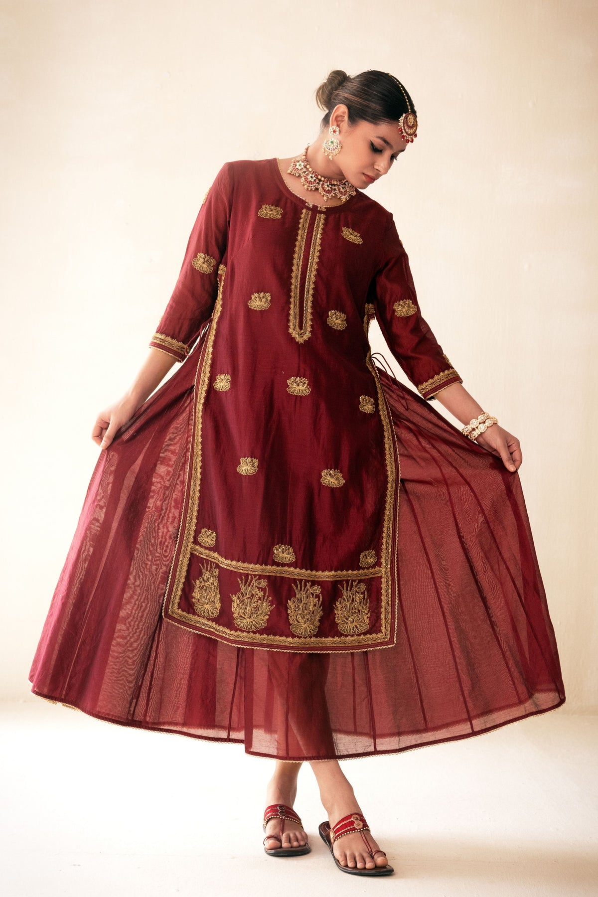 Maroon Chanderi Lucknowi Style Kurta