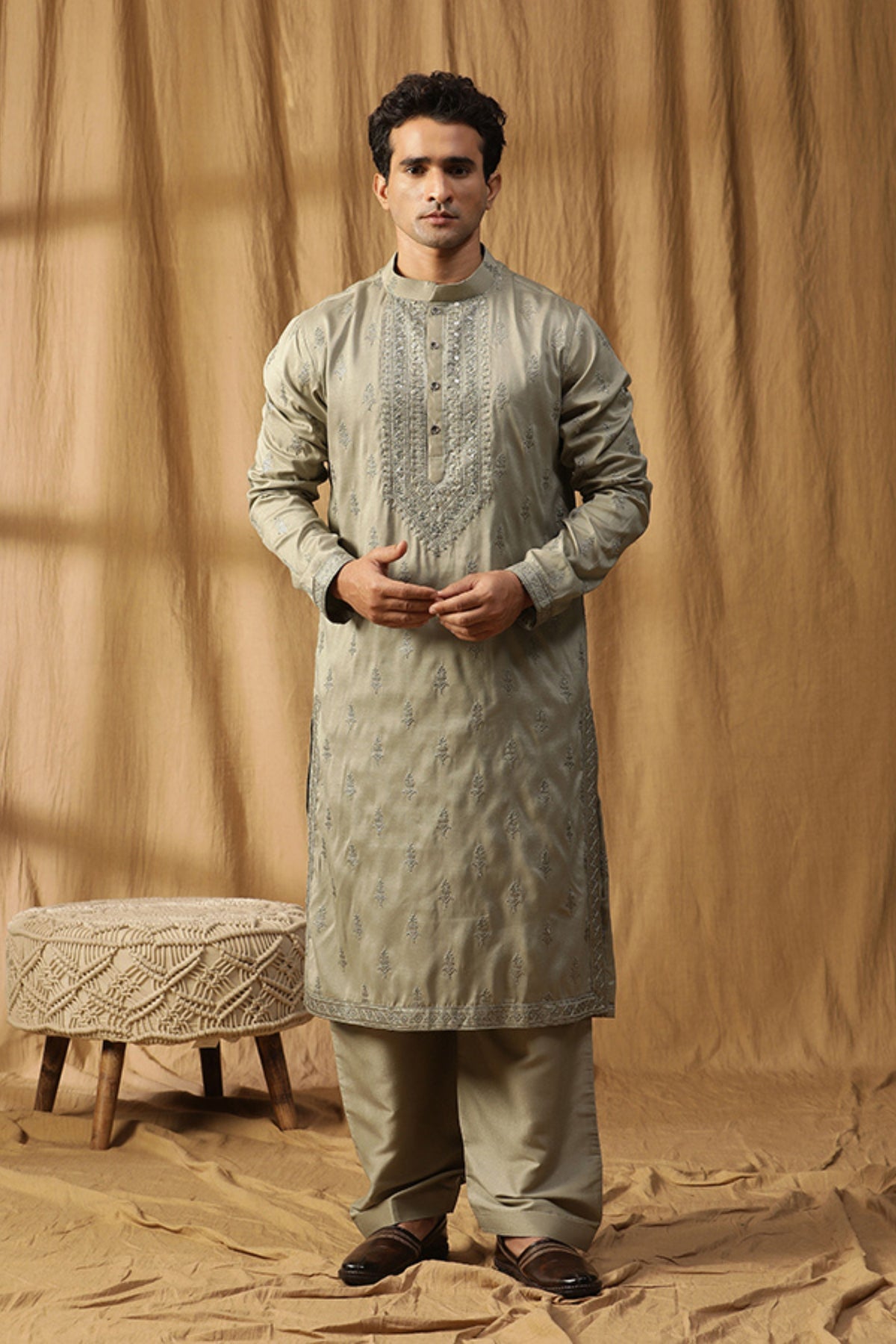 Green Silk Embroidery Kurta Set