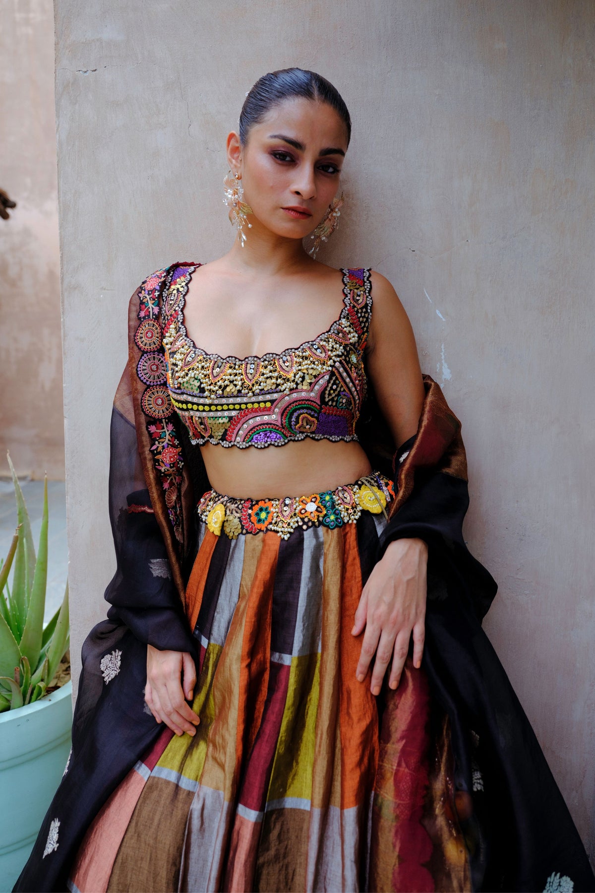 Black Metallic Silk Lehenga Set