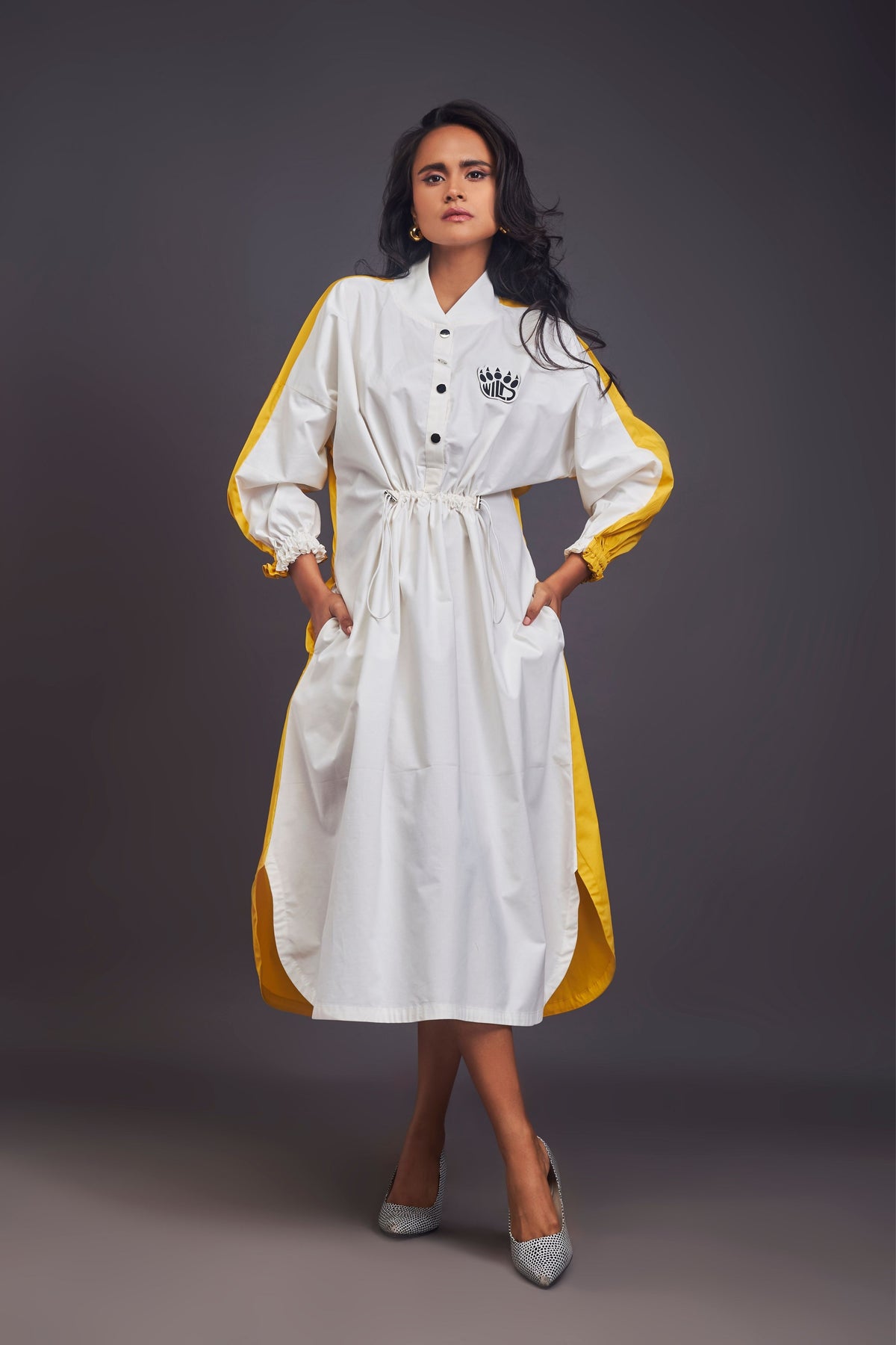 Oversized Ruched White and Yellow Dress