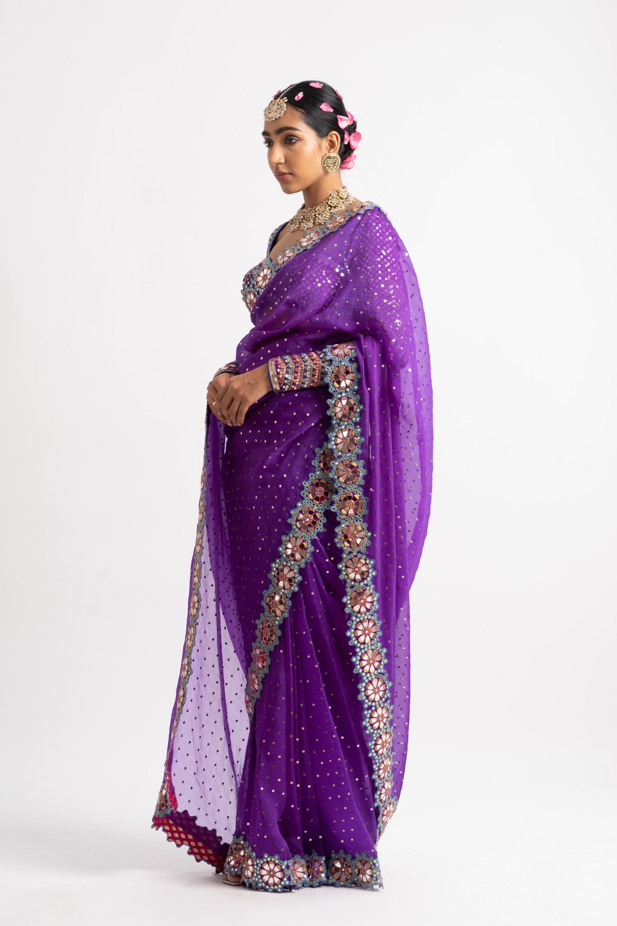 Purple mirror border saree set