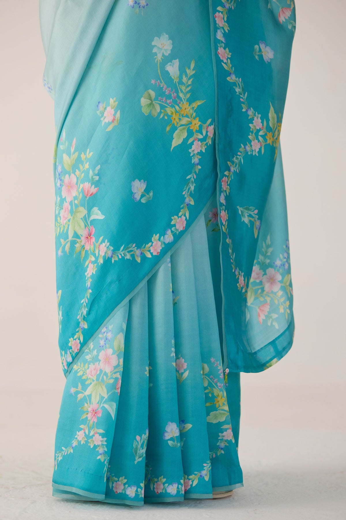 Blue Clover Field Mulberry Organza Silk Sari