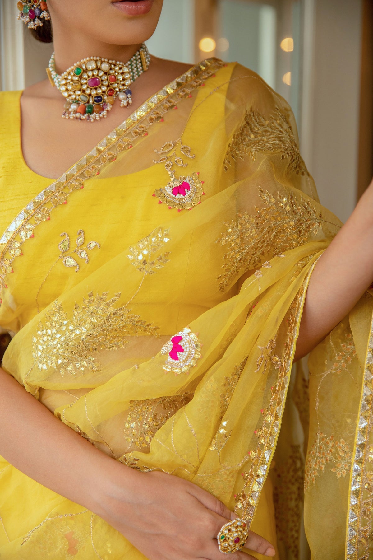 Yellow Gota Patti Jaal Saree Set