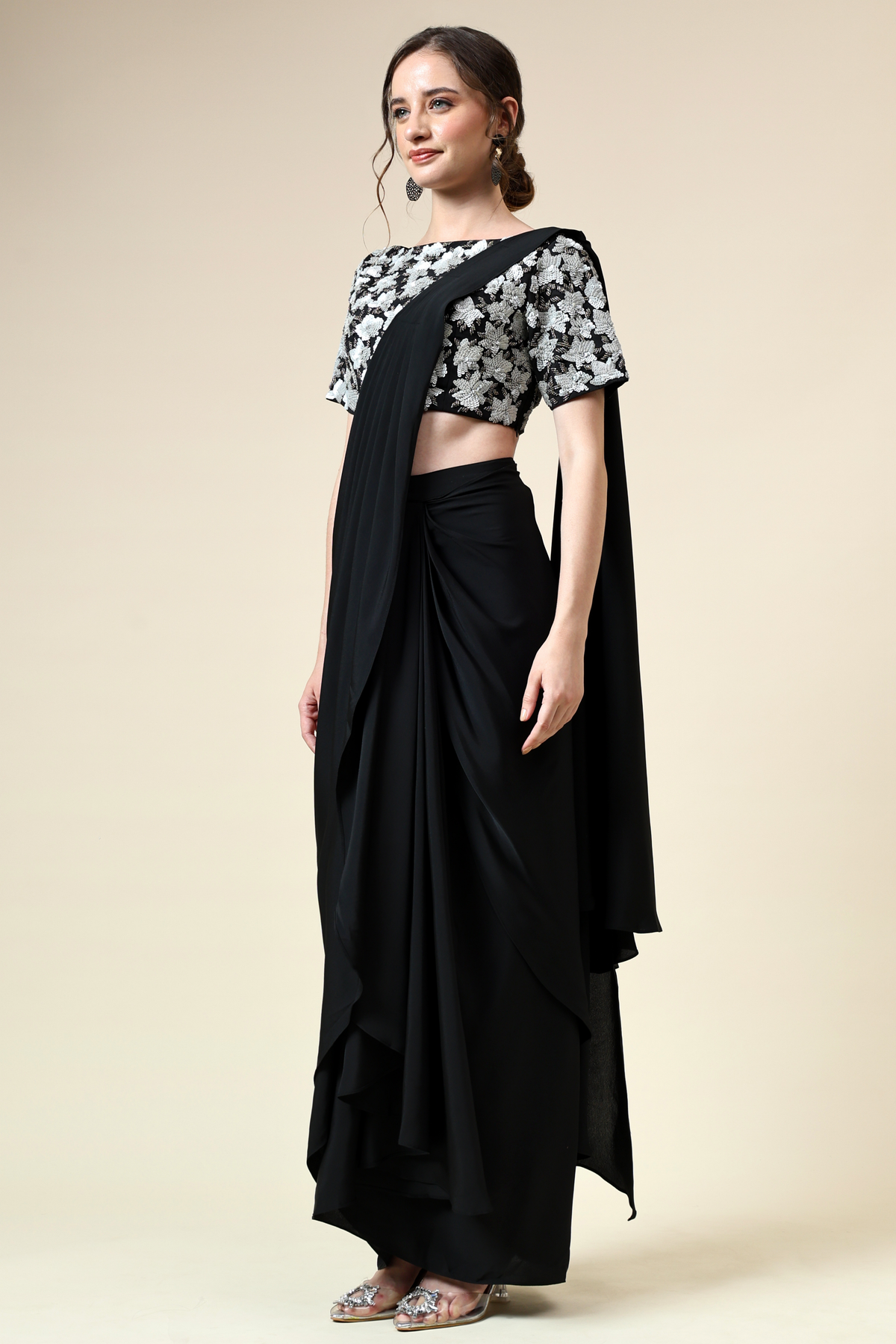 Tropical Embellished Blouse With Pre- Draped Sari