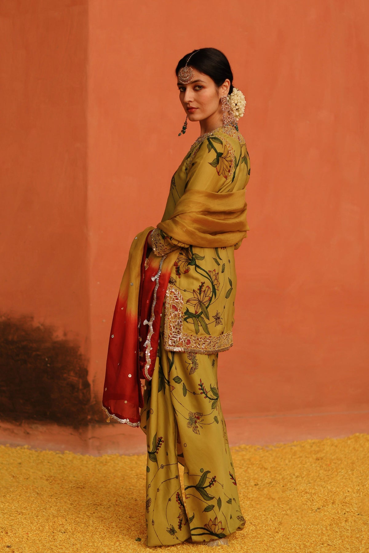 Mustard Petal Kurta With Skirt