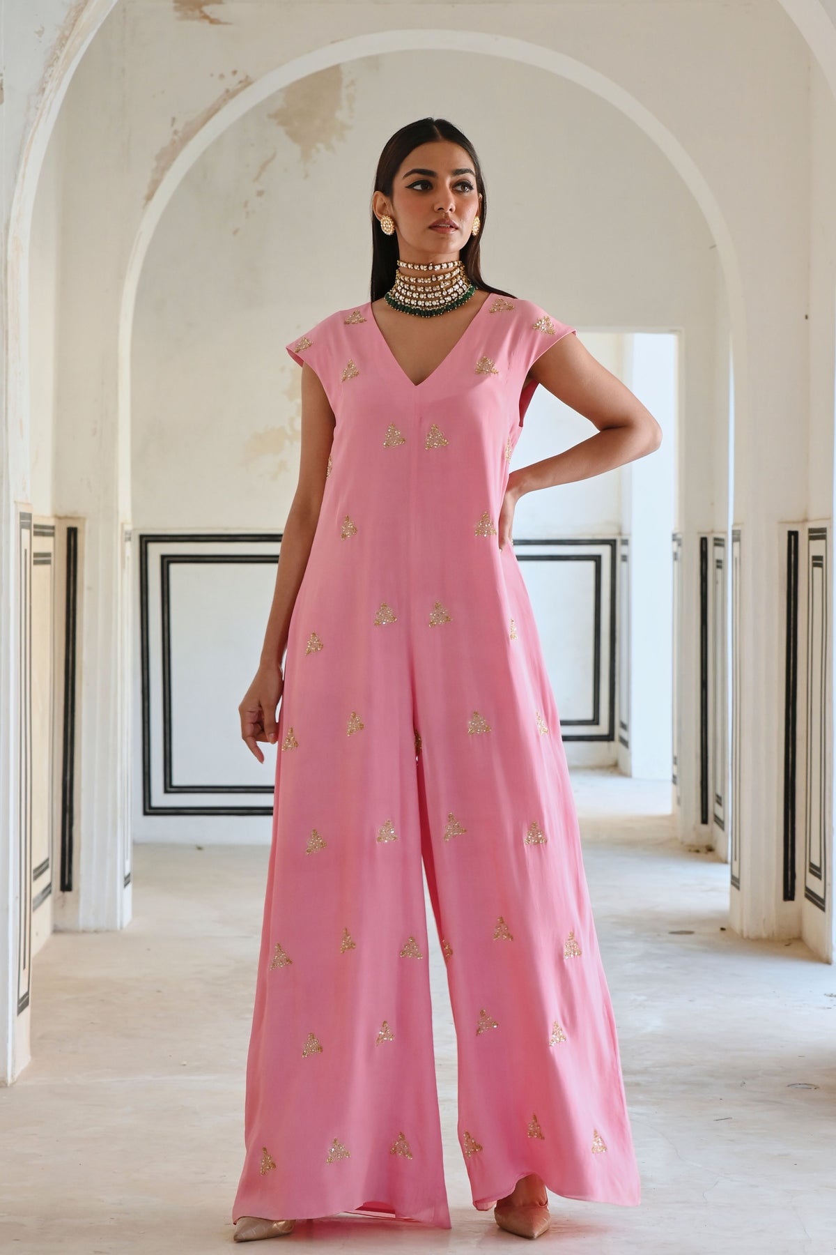 Baby Pink Embroidered Jumpsuit