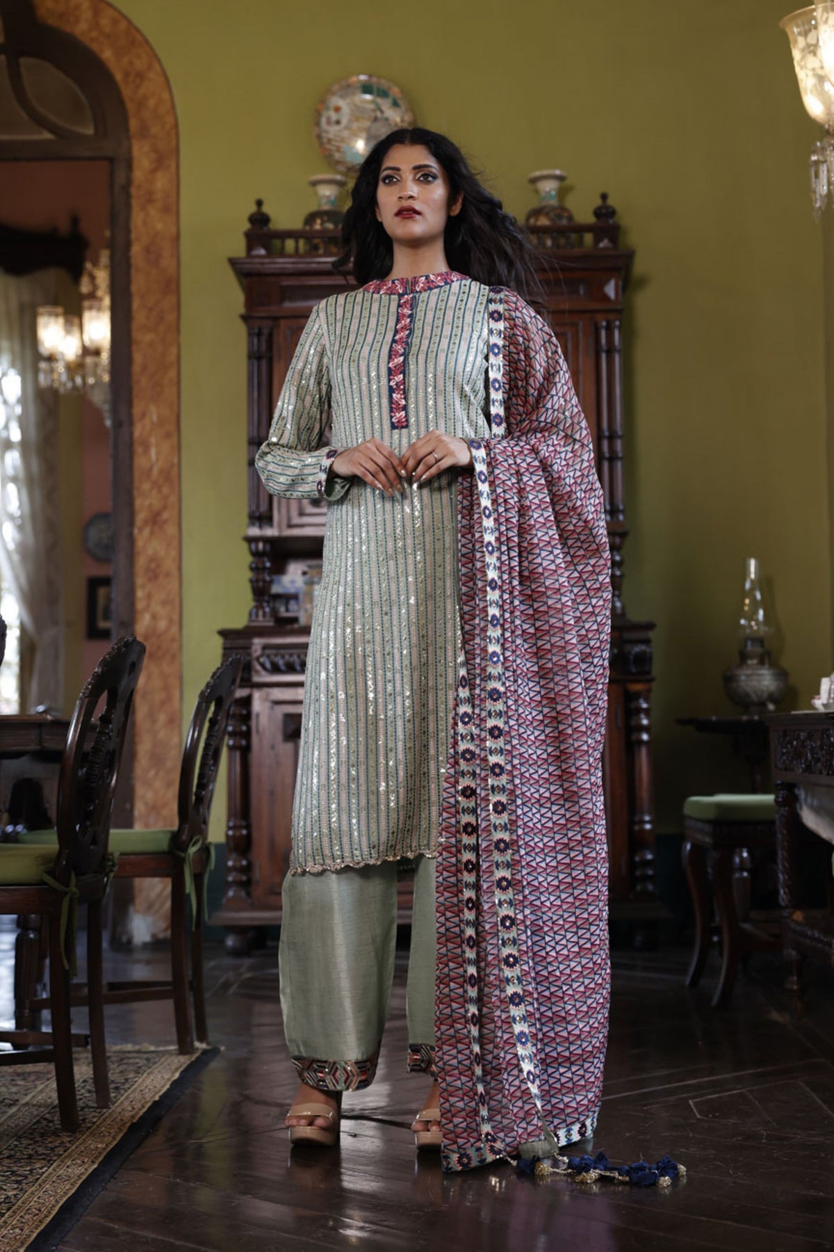 Multicoloured Kurta, Pant and Dupatta