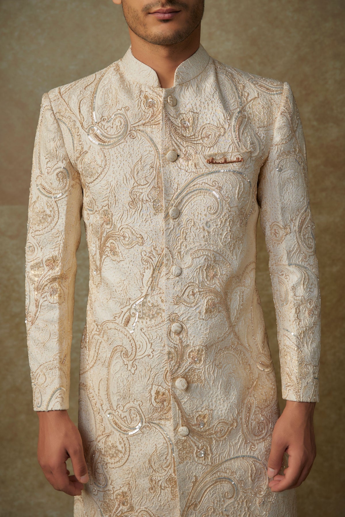 Beige Embroidered Sherwani With Pants