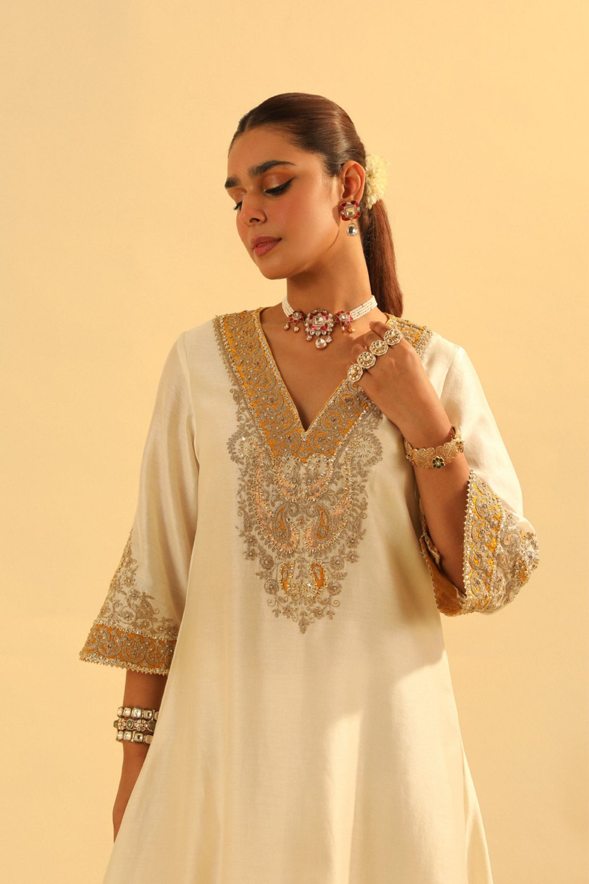 Shazana Ivory Long A-line Choga With Salwar