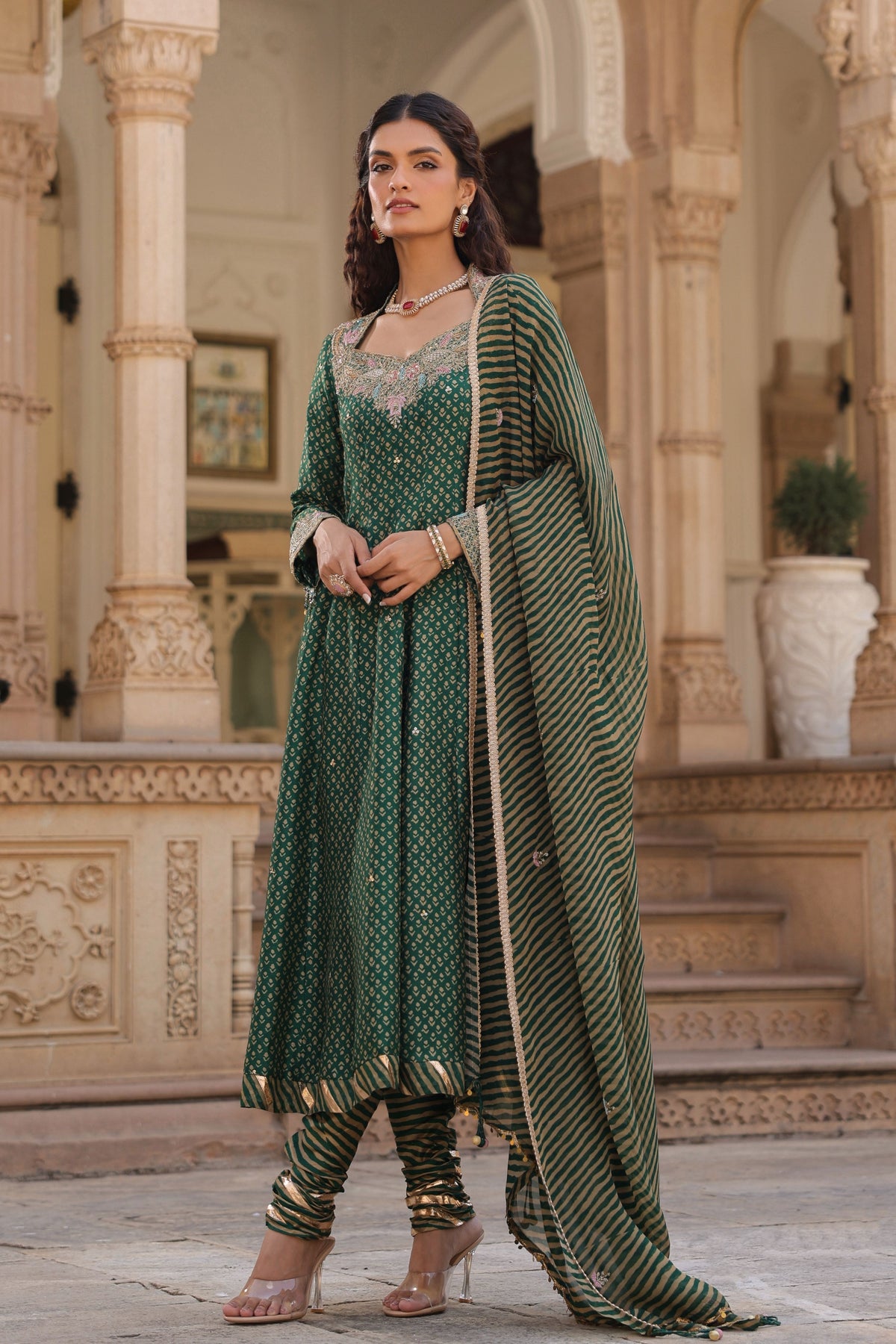 Printed Emerald Green Anarkali Set