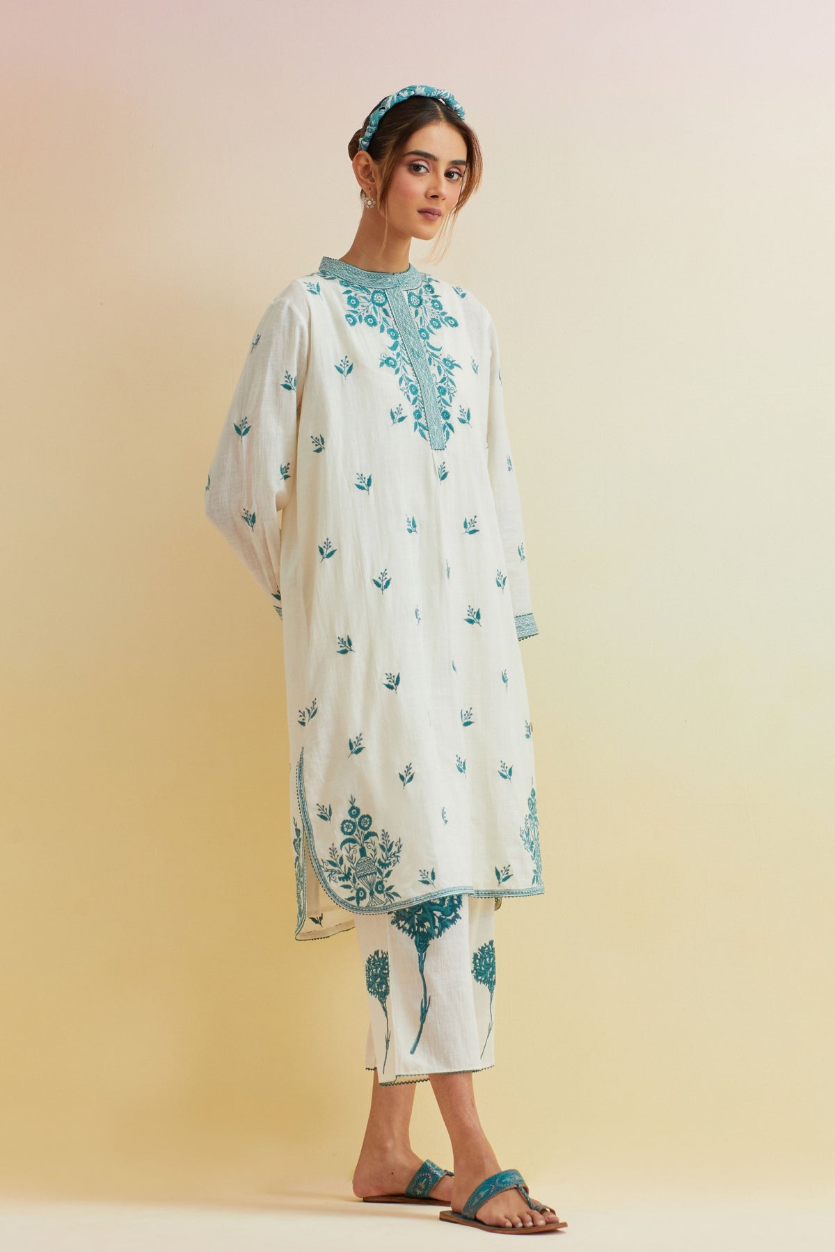 Teal Thread Embroidery Kurta Set