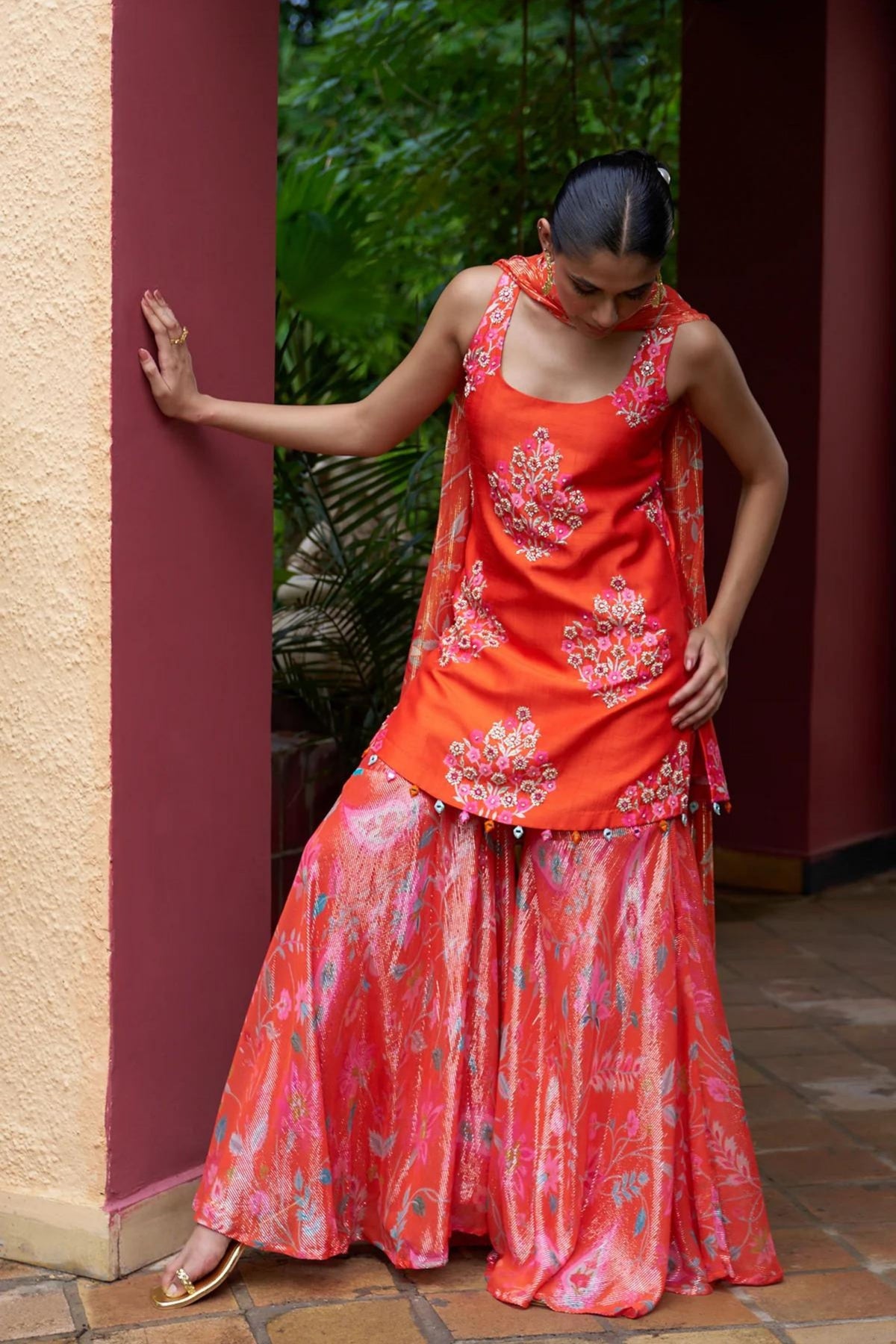 Coral Sleeveless Sharara Set