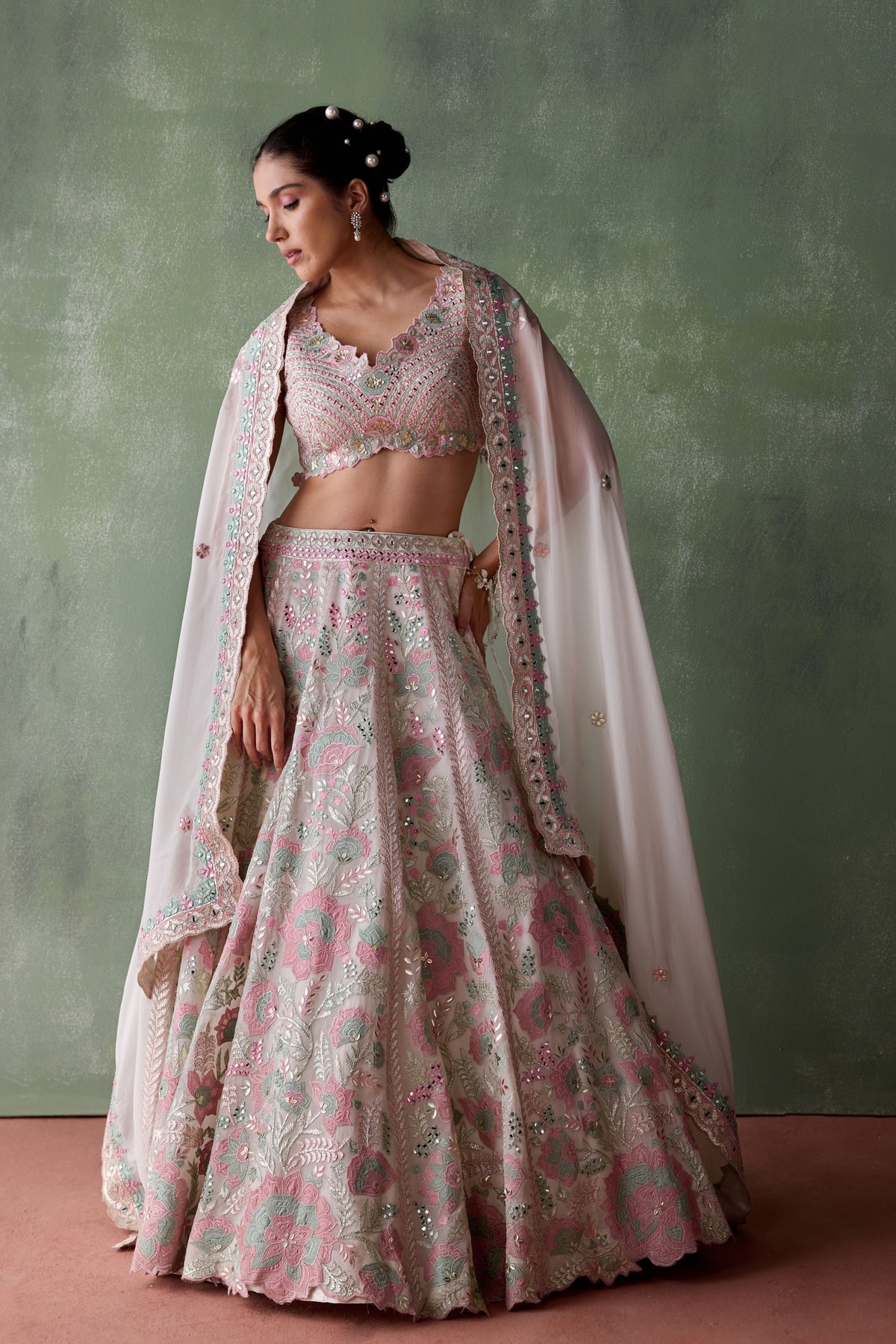 White Floral Organza Lehenga Set