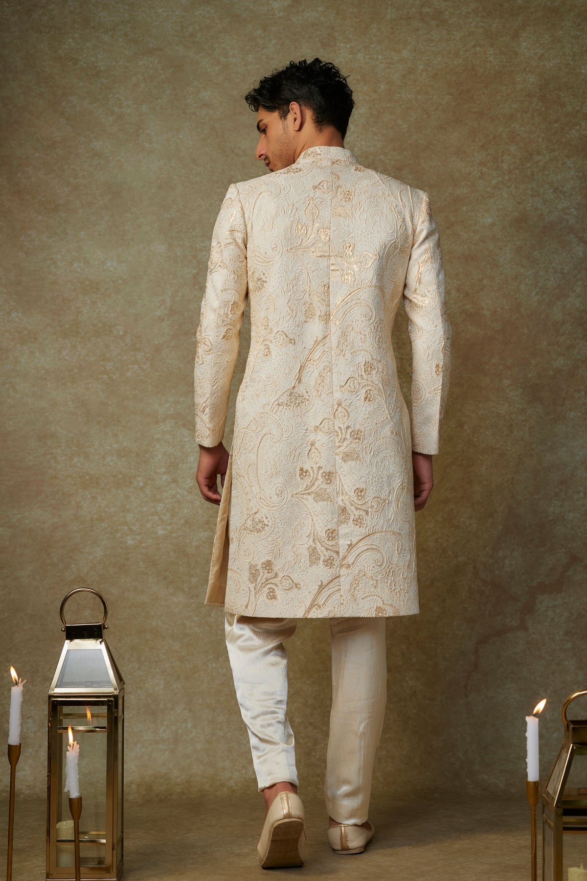 Beige Embroidered Sherwani With Pants