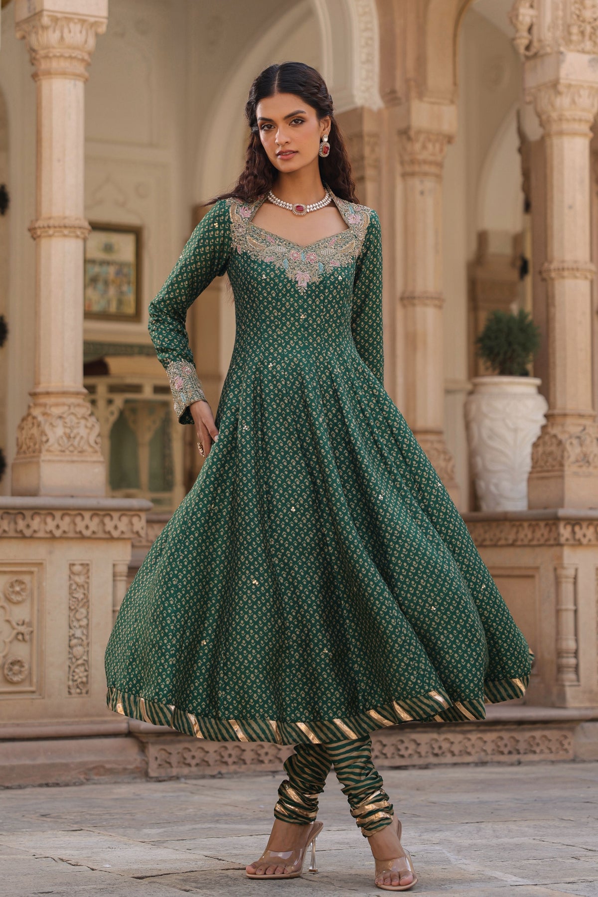 Printed Emerald Green Anarkali Set