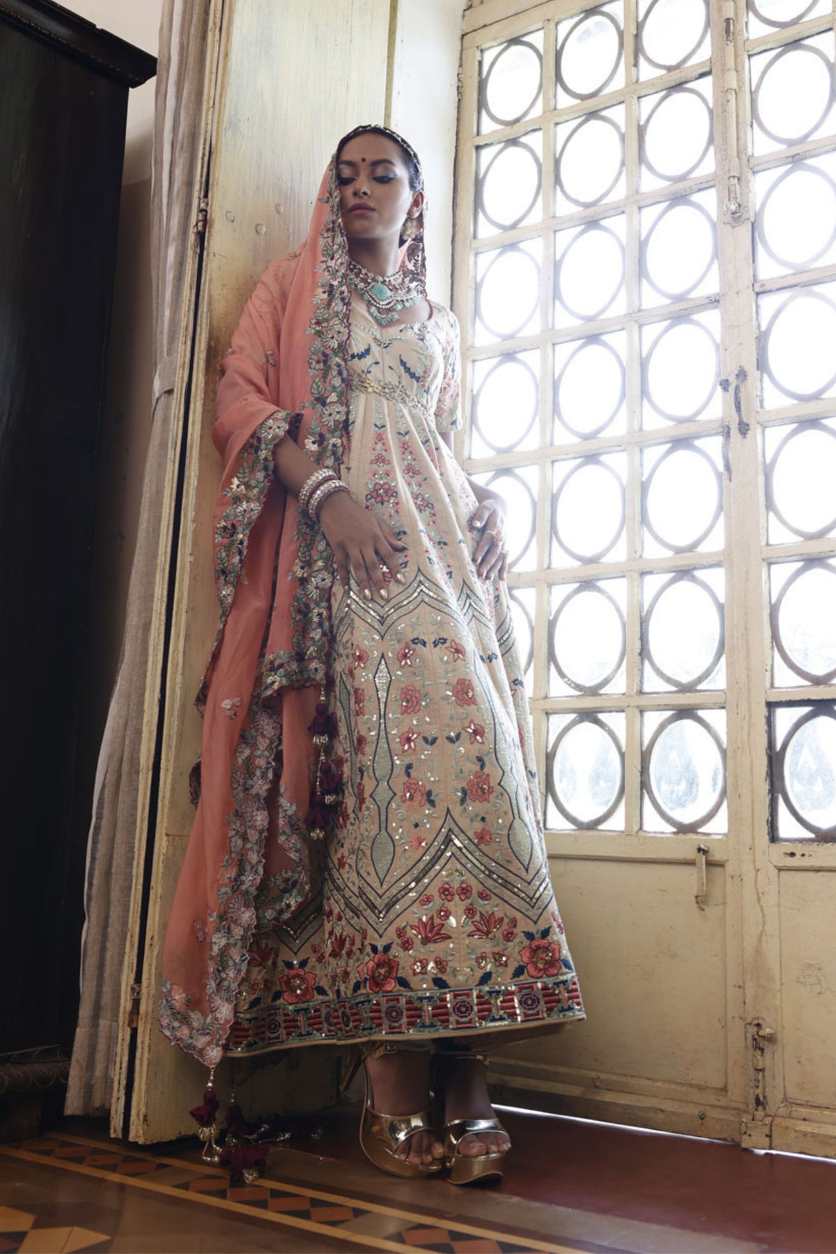 Beige Kalidaar with Sage Churidar and Dupatta