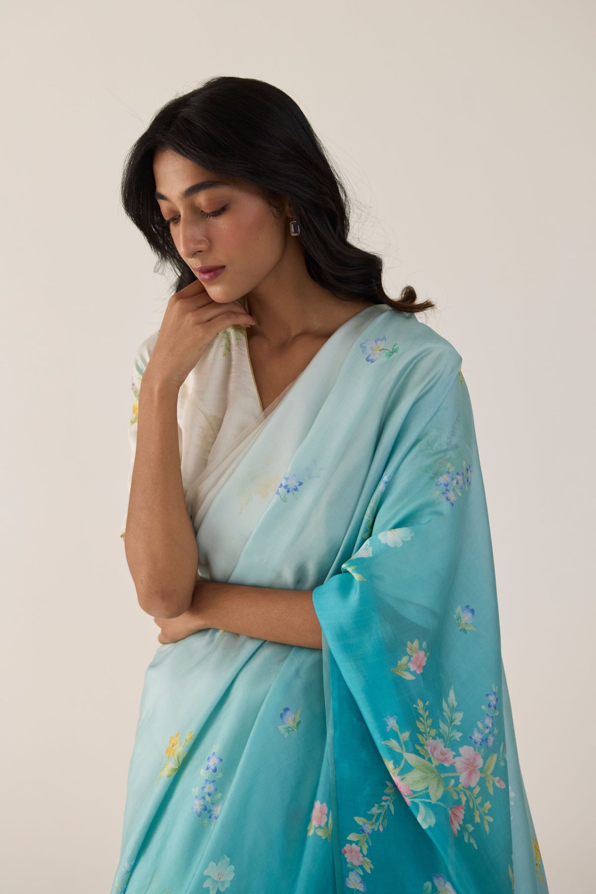 Blue Clover Field Mulberry Organza Silk Sari